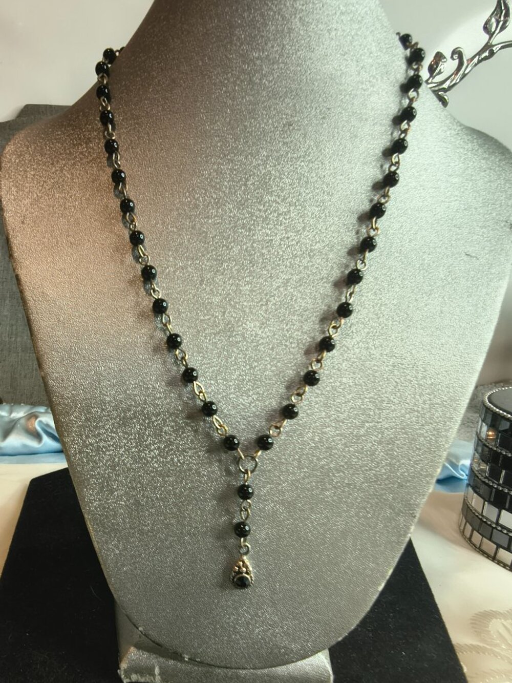 Sterling Silver Black Glass "Y" Drop Necklace